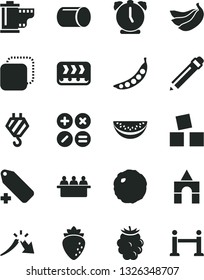Solid Black Vector Icon Set - graphite pencil vector, camera roll, add label, cubes for children, box of bricks, hook, alarm clock, math actions, copy, cabbage, raspberry, blackberry, bananas, peas