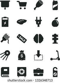 Solid Black Vector Icon Set - Child Kick Scooter Vector, Strongbox, Move Down, Spaghetti, Chicken Thigh, Chop, Soda Can, Guava, Charging Battery, Electric Plug, Shopping Cart, Portfolio, Dollars