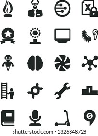 Solid Black Vector Icon Set - child Kick scooter vector, fan, encrypting, monitor, network, repair, molecule, dna, brain, bactery, book, flame, scientist, robot, pedestal, cup, star ribbon