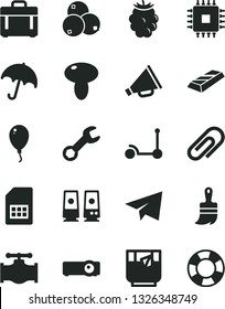 Solid Black Vector Icon Set - clip vector, paper airplane, horn, balloon, Kick scooter, wooden paint brush, case, umbrella, mushroom, a glass of tea, blackberry, blueberries, valve, SIM card, cpu