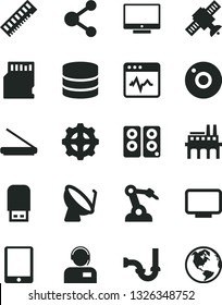 Solid Black Vector Icon Set - Camera Vector, Sewerage, Screen, Cardiogram, Operator, Industrial Enterprise, Gear, Satellite Dish, Robot Welder, Connection, Tablet Pc, Memory, Monitor, Scanner, Earth