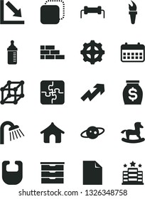 Solid Black Vector Icon Set - clean sheet of paper vector, growth up, negative chart, storage unit, measuring bottle for feeding, bib, small rocking horse, Puzzles, brick wall, shower, copy, gear