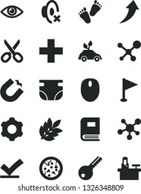Solid Black Vector Icon Set - scissors vector, plus, silent mode, pennant, nappy, children's tracks, cogwheel, key, eye, pizza, environmentally friendly transport, horseshoe magnet, mouse, molecule