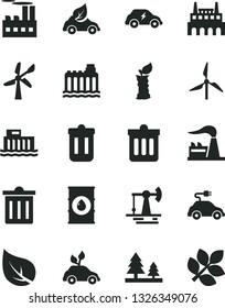 Solid Black Vector Icon Set - bin vector, dust, apple stub, working oil derrick, leaf, windmill, wind energy, factory, hydroelectric station, hydroelectricity, forest, industrial building, eco car