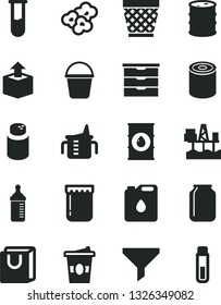 Solid Black Vector Icon Set - wicker pot vector, storage unit, measuring cup for feeding, bottle, powder, bucket, bag with handles, unpacking, tin, popcorn, coffe to go, jam, commercial seaport, oil