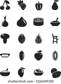 Solid Black Vector Icon Set - a chair for feeding child vector, canned goods, mini hot dog, mushroom, bowl of buckwheat porridge, rice, plate fruit, cherry, grape, red apple, fig, tasty raspberry