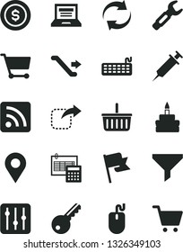 Solid Black Vector Icon Set - laptop vector, grocery basket, renewal, rss feed, calculation, flag, regulator, move right, birthday cake, steel repair key, cart, location, filter, mouse, keyboard