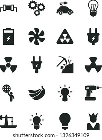 Solid Black Vector Icon Set - matte light bulb vector, cordless drill, bananas, marine propeller, charging battery, oil derrick, coal mining, plug, electric, radiation, car, three gears, nuclear