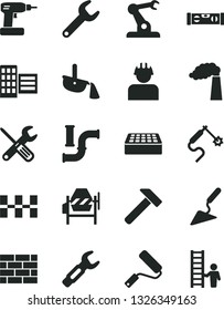 Solid Black Vector Icon Set - brickwork vector, building trowel, concrete mixer, small tools, cordless drill, new roller, level, city block, ceramic tiles, brick, hammer, water pipes, manufacture