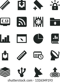 Solid Black Vector Icon Set - add bookmark vector, rss feed, pie chart, negative histogram, upload archive data, download, folder, pile, satellite dish, book on statistics, agenda, radiator fan, usb