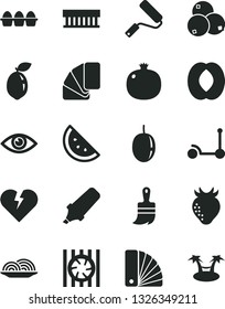 Solid Black Vector Icon Set - Kick scooter vector, new roller, color samples, sample of colour, wooden paint brush, broken heart, eye, bundle eggs, onion, orange slice, pomegranate, strawberry