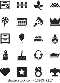 Solid Black Vector Icon Set - balloon vector, cake, paint roller, plastic brush, ceramic tiles, paving slab, pavement, heart, nightstand, slice, lollipop, a pineapple, leaves, wall calendar, star