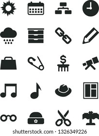 Solid Black Vector Icon Set - scissors vector, spectacles, hat, storage unit, open pin, cloud, warm, window, wall clock, flowchart, pencil, calendar, hand bag, note, telescope, glasses, sun