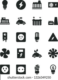 Solid Black Vector Icon Set - saving light bulb vector, power socket type b, f, dangers, boiler, fan screw, battery, hydroelectric station, hydroelectricity, thermal plant, mercury, electric car