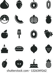 Solid Black Vector Icon Set - cake vector, birthday, glazed with a hole, apple pie, popsicle, strawberry, half pomegranate, branch of grape, apricot, tasty, raspberry, fig, medlar, mulberry, cherry