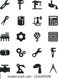 Solid Black Vector Icon Set - crane vector, hook, cogwheel, adjustable wrench, working oil derrick, valve, manufacture, industrial enterprise, processor, pipe, pipes, robot welder, steel repair key