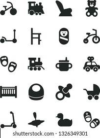 Solid Black Vector Icon Set - baby cot vector, dummy, mug for feeding, bib, car child seat, stroller, rubber duck, motor vehicle present, roly poly doll, a chair, teddy bear, toy train, children's