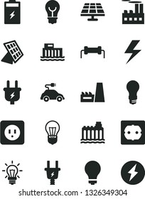 Solid Black Vector Icon Set - lightning vector, matte light bulb, power socket type b, f, charging battery, solar panel, hydroelectric station, hydroelectricity, plug, electric, industrial building