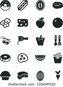 Solid Black Vector Icon Set - iron fork spoons vector, piece of cheese, Hot Dog, noodles, cake, with a hole, glazed, cabbage, meat, peper, French fries, Chinese chopsticks, popcorn, omelette, melon