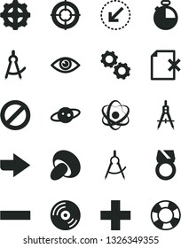 Solid Black Vector Icon Set - prohibition vector, right direction, plus, minus, left bottom arrow, eye, timer, CD, delete page, porcini, gear, scribed compasses, Measuring, atom, gears, saturn, aim