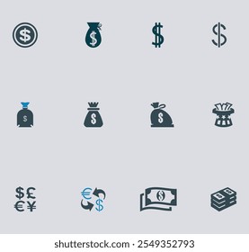 Conjunto de iconos de Vector negro sólido - monedero Vector, dólar, columna de monedas, artículo financiero, dinero, efectivo, bolso mano, moneda, billete