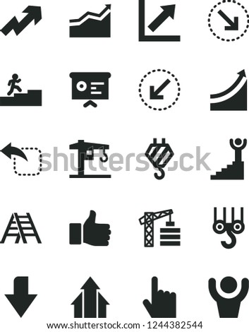 Solid Black Vector Icon Set - downward direction vector, growth up, chart, crane, tower, hook, winch, ladder, left bottom arrow, index finger, move, right, financial report, carrer stairway, graph