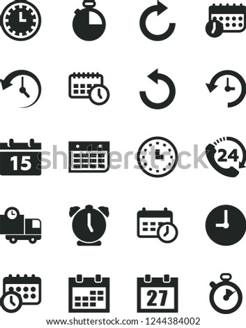 Solid Black Vector Icon Set - daily calendar vector, clock face, clockwise, counterclockwise, wall, alarm, timer, delivery, 24, watch, agenda, schedule, history, stopwatch