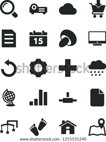 Solid Black Vector Icon Set - house vector, plus, counterclockwise, toys over the cot, rainy cloud, children's tracks, calendar, magnifier, screen, put in cart, porcini, bar chart, connect, settings