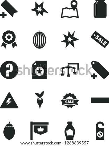 Solid Black Vector Icon Set - danger of electricity vector, add bookmark, minus, label, question, toys over the cot, bottle, melon, tamarillo, radish, jar, vintage sign, season sale, medal, bang