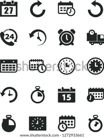 Solid Black Vector Icon Set - daily calendar vector, stopwatch, clock face, alarm, clockwise, counterclockwise, timer, delivery, 24, wall, watch, black, agenda, schedule, history