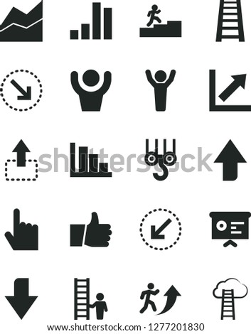 Solid Black Vector Icon Set - upward direction vector, downward, line chart, growth, positive histogram, winch hook, stepladder, left bottom arrow, index finger, thumb up, move, right, bar, man