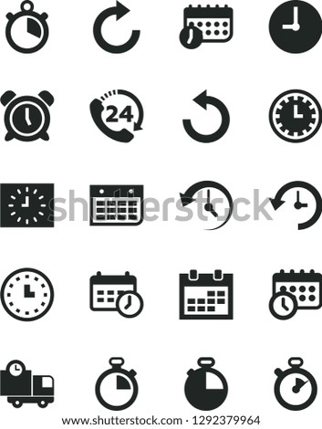 Solid Black Vector Icon Set - calendar vector, stopwatch, clock face, alarm, clockwise, counterclockwise, wall, timer, delivery, 24, watch, black, schedule, history