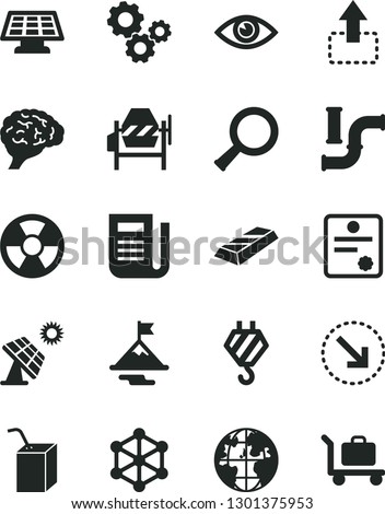 Solid Black Vector Icon Set - packing of juice with a straw vector, hook, concrete mixer, eye, move up, right bottom arrow, big solar panel, water pipes, radiation hazard, gears, planet, newspaper