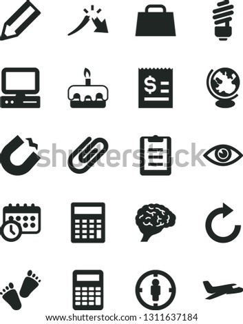 Solid Black Vector Icon Set - clockwise vector, calculator, children's tracks, saving light bulb, eye, clip, torte, horseshoe magnet, goal woman, a crisis, pencil, article on the dollar, hand bag