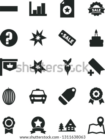 Solid Black Vector Icon Set - add bookmark vector, minus, negative histogram, question, car, label, birthday cake, melon, radish, vintage sign, season sale, medal, bang, star ribbon, certificate