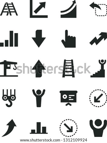 Solid Black Vector Icon Set - upward direction vector, downward, growth up, chart, crane, winch hook, stepladder, ladder, left bottom arrow, index finger, move, right, bar, financial report, graph