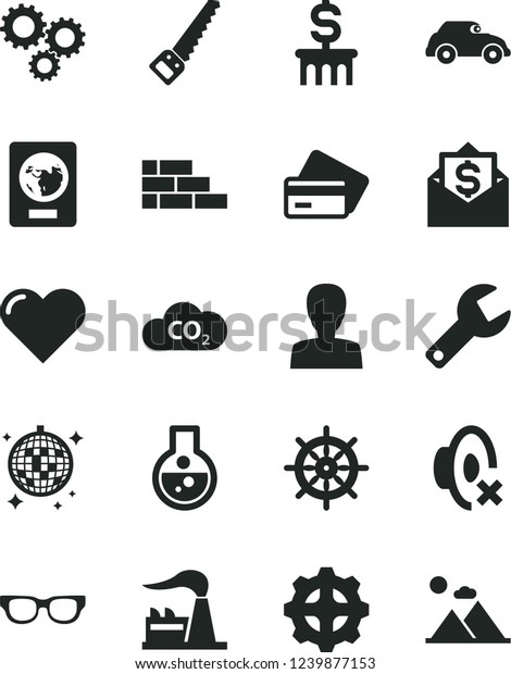 Solid Black Vector Icon Set - repair key vector,
woman, silent mode, brick wall, arm saw, heart, factory, gear,
retro car, CO2, three gears, flask, glasses, dollar column, money
mail, passport
