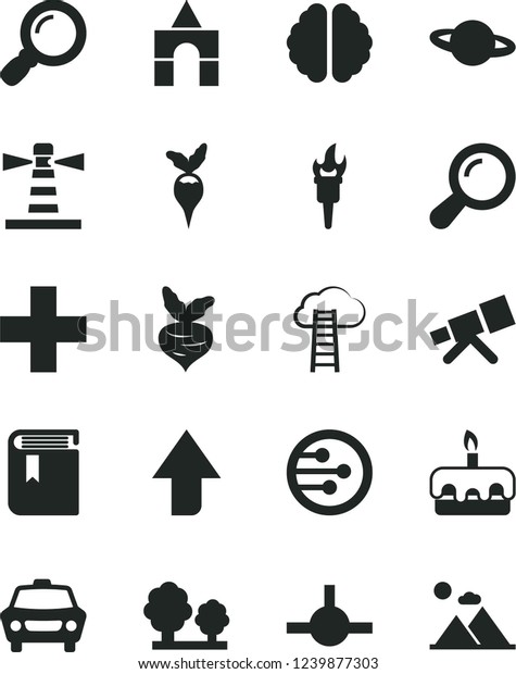 Solid Black Vector Icon Set - upward direction\
vector, plus, book, box of bricks, car, planet, torte, beet,\
radish, trees, lighthouse, network, connect, magnifier, telescope,\
zoom, brain, mountains