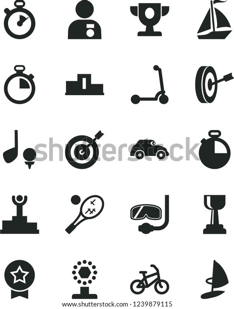 Solid Black Vector Icon Set - stopwatch vector,
child Kick scooter, timer, retro car, pedestal, winner podium,
prize, cup, gold, man with medal, target, purpose, star, sail boat,
bike, diving mask