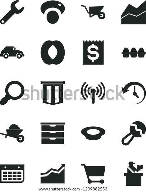 Solid Black Vector Icon Set - line chart vector,
storage unit, beanbag, garden trolley, building, bundle of eggs, a
plate milk, half peach, mashroom, retro car, repair key, cart,
financial item