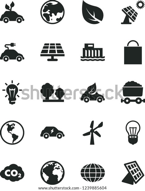 Solid Black Vector Icon Set - sign of the planet\
vector, paper bag, solar panel, big, leaf, wind energy, Earth,\
bulb, hydroelectric station, trees, eco car, environmentally\
friendly transport,\
globe