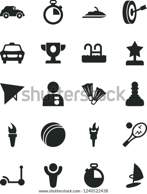 Solid Black Vector Icon Set - stopwatch vector,\
bath ball, Kick scooter, timer, car, retro, flame torch, winner,\
prize, pawn, star reward, man with medal, purpose, hang glider,\
pool, flippers