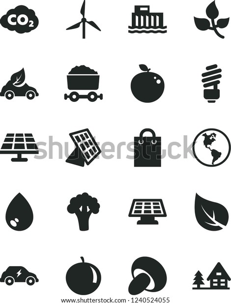 Solid Black Vector Icon Set - saving light bulb\
vector, drop, porcini, tangerine, delicious apple, broccoli, solar\
panel, leaves, leaf, windmill, planet Earth, hydroelectric station,\
eco car, bag