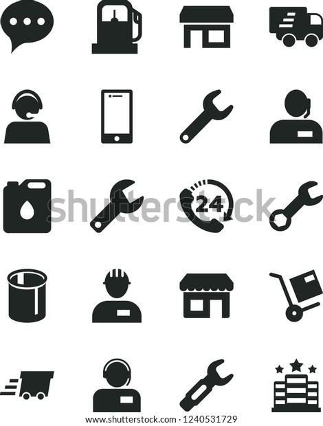 Solid Black Vector Icon Set - repair key vector,\
workman, speech, smartphone, 24, operator, shipment, gas station,\
canister of oil, pipes, steel, kiosk, stall, dispatcher, urgent\
cargo, hotel