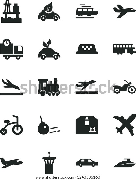 Solid Black Vector Icon Set - child bicycle\
vector, core, delivery, cardboard box, sea port, eco car,\
environmentally friendly transport, private plane, limousine,\
train, bus, taxi,\
motorcycle