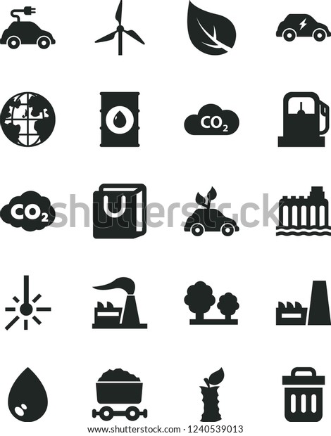 Solid Black Vector Icon Set - drop vector, bag\
with handles, apple stub, leaf, gas station, windmill, factory,\
oil, hydroelectricity, trees, thermal power plant, environmentally\
friendly transport