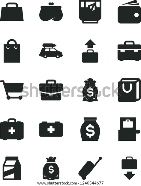 Solid Black Vector Icon Set - bag of a paramedic\
vector, medical, suitcase, with handles, package, glass tea, cart,\
wallet, purse, money, dollars, hand, car baggage, scanner, rolling\
case, getting