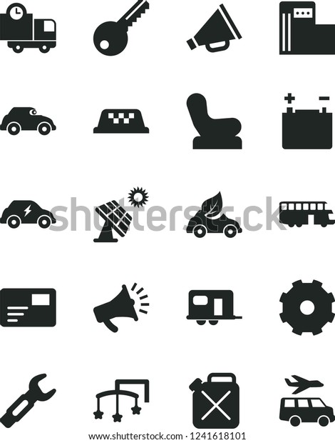 Solid Black Vector Icon Set - truck lorry vector,
horn, toys over the cot, Baby chair, key, pass card, delivery, big
solar panel, modern gas station, accumulator, canister, eco car,
retro, camper