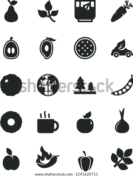 Solid Black Vector Icon Set - cabbage vector,\
carrot, cup of tea, a glass, apple, pear, apricot, half mango,\
loquat, passion fruit, slice pineapple, ripe pepper, hot, onion,\
peas, leaves, forest