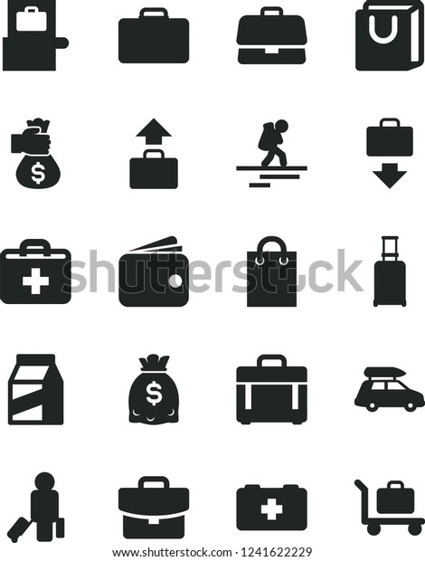 Solid Black Vector Icon Set - first aid kit\
vector, bag of a paramedic, case, suitcase, with handles, package,\
briefcase, wallet, dollars, money hand, car baggage, backpacker,\
passenger, rolling